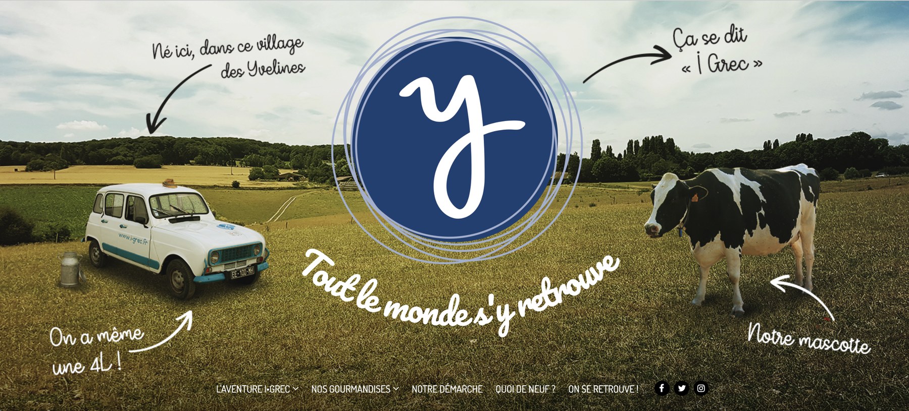 La 4L i•grec et notre mascotte, la vache, dans un champ des Yvelines